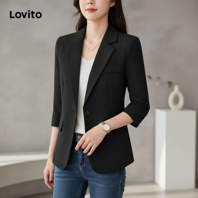 Lovito thanh lịch Áo Blazer Nữ Thiết Kế Nút Xuân Hè Đen L157ED1076