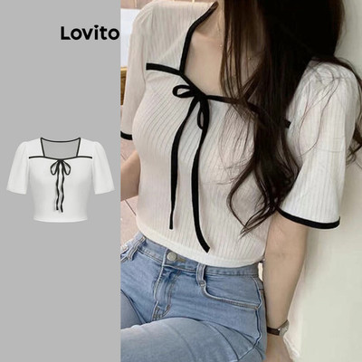 Áo thun nữ Lovito thanh lịch vải sần buộc dây phối đường viền tương phản màu trơn phong cách L114AD399