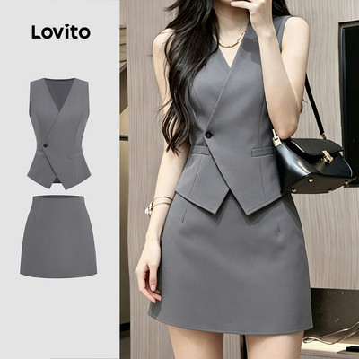 Bộ chân váy Lovito thanh lịch khóa kéo có nút bất đối xứng mùa xuân/hè màu xám cho nữ LK3ED074
