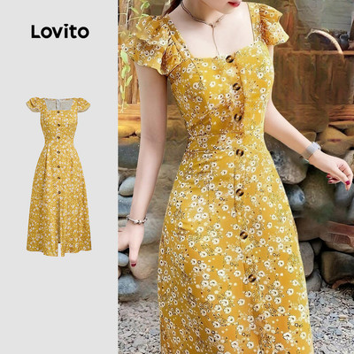 Đầm Lovito Kỳ nghỉ phong cách xếp nếp có nút mùa xuân/hè màu vàng cho nữ L154LD348