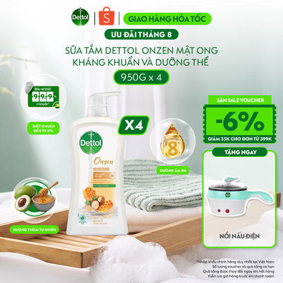 Combo 4 Chai Sữa tắm Dettol Onzen Dưỡng Da Mật Ong Bơ Hạt Mỡ 950g