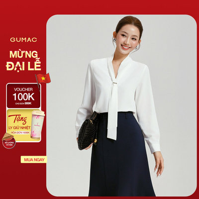 Áo Kiểu Nữ GUMAC Form Suông Tay Dài Cổ V Kèm Dây Nơ Lụa Xẹc Tiểu Thư AG04063