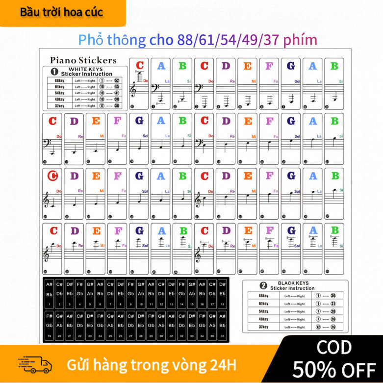 [COD] Sticker dán phím đàn Organ – Hợp 37 49 54 61 76 88 phím

