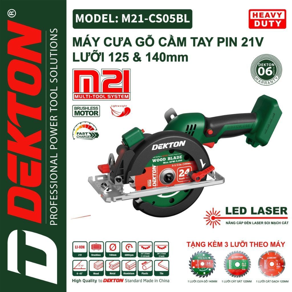Máy Cưa Đĩa Cắt Gỗ, Cắt Gạch, Cắt Sắt Dùng Pin Dekton M21-CS05BL, Có Đèn Lazer Rọi Mạch Cắt < Kèm 3 