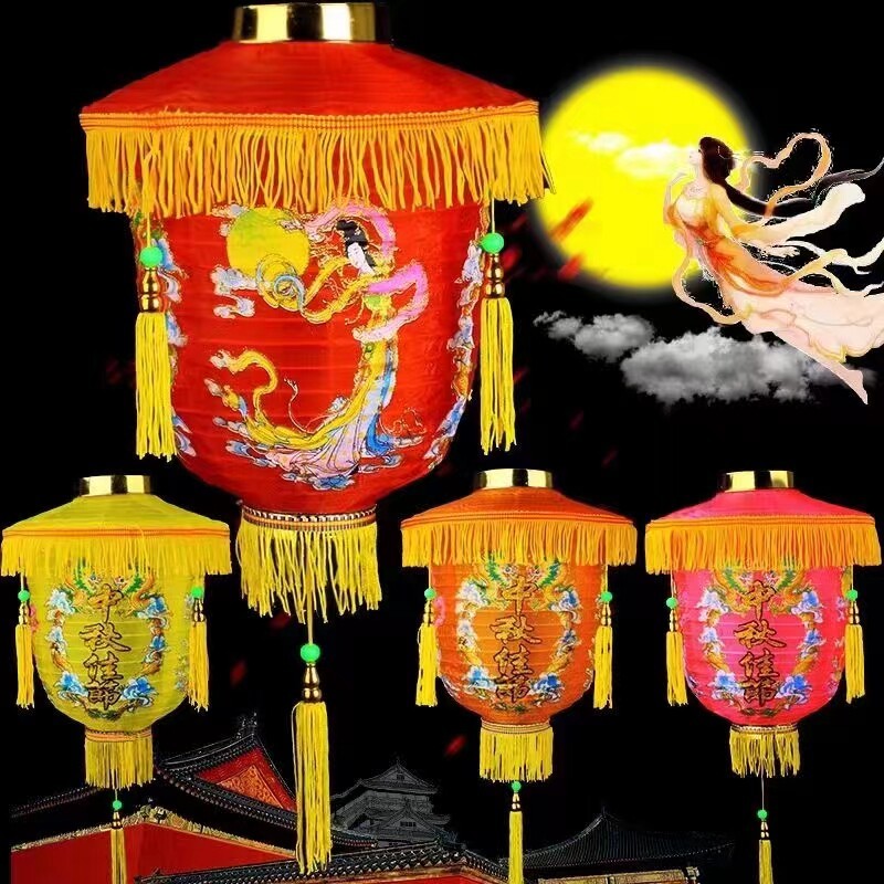 lồng đèn trung thu Đèn lồng chủ đề trung thu Đèn lồng tròn lụa lớn màu đỏ Đèn lồng cung điện Trung Q
