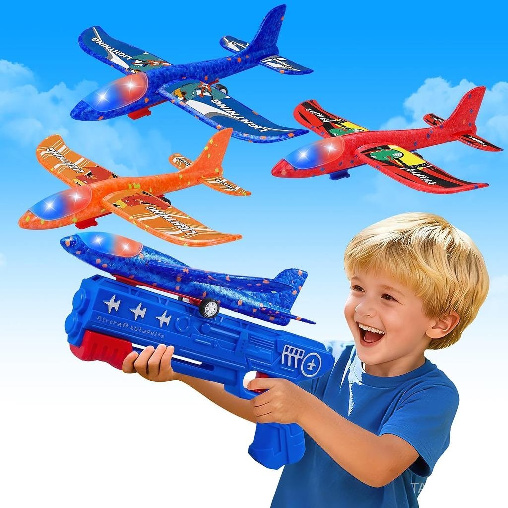 LJZJ 3 Pack Airplane Launcher Toys, 2 Flight Modes LED Foam Glider Catapult Plane, Outdoor Flying To