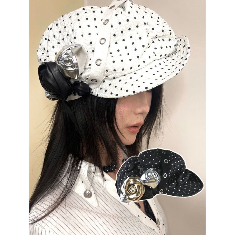 [Mũ Siêu Đẹp] nit alcove Chấm Bi Handmade Da Ba Chiều Ruy Băng Hoa Đám Mây Bong Bóng Đầu Lớn Có Thể 