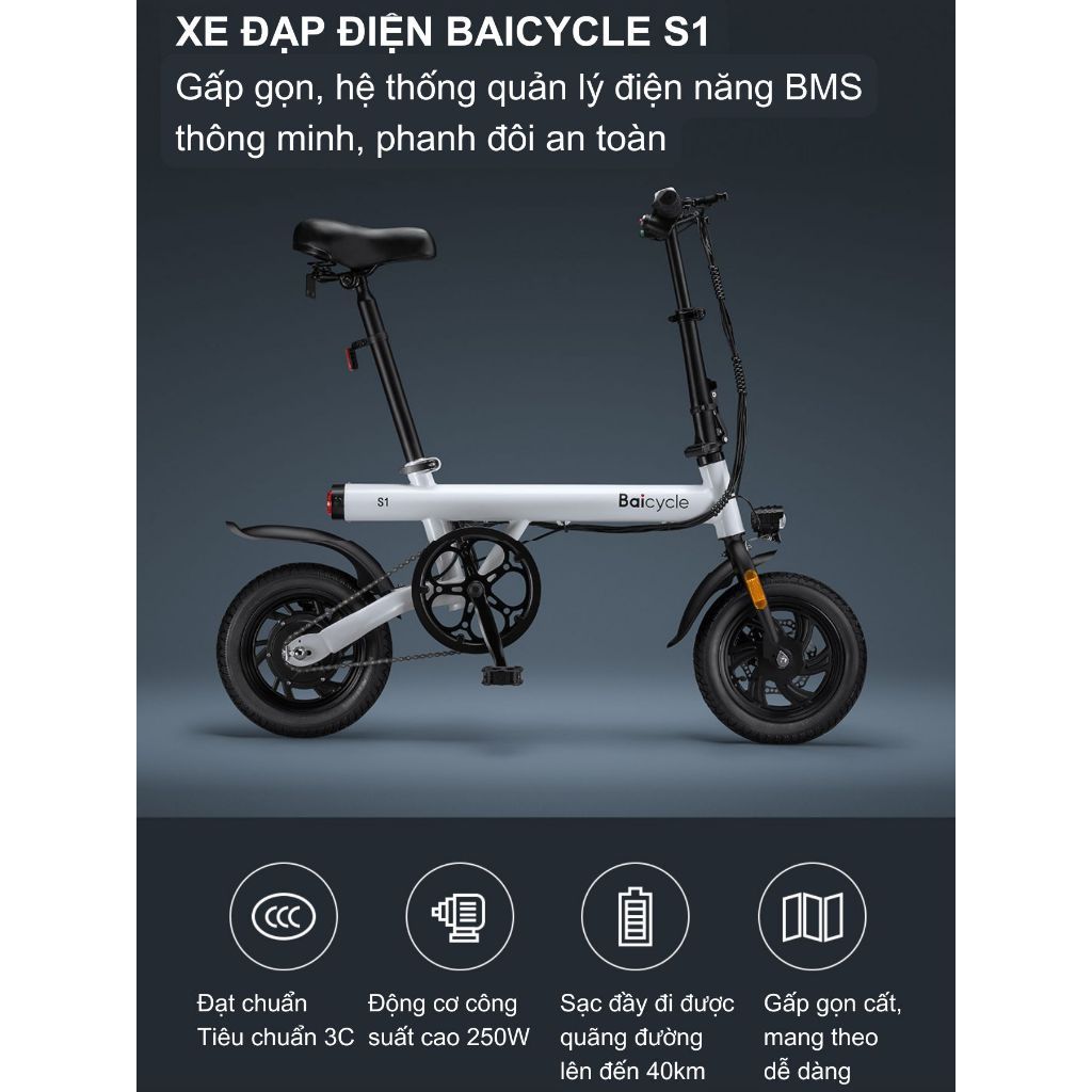 🌴 Xe đạp điện gấp gọn mini Baicycle S1, tốc độ 25km/giờ sạc đầy trong 6h, quãng đường đi lên đến 40k