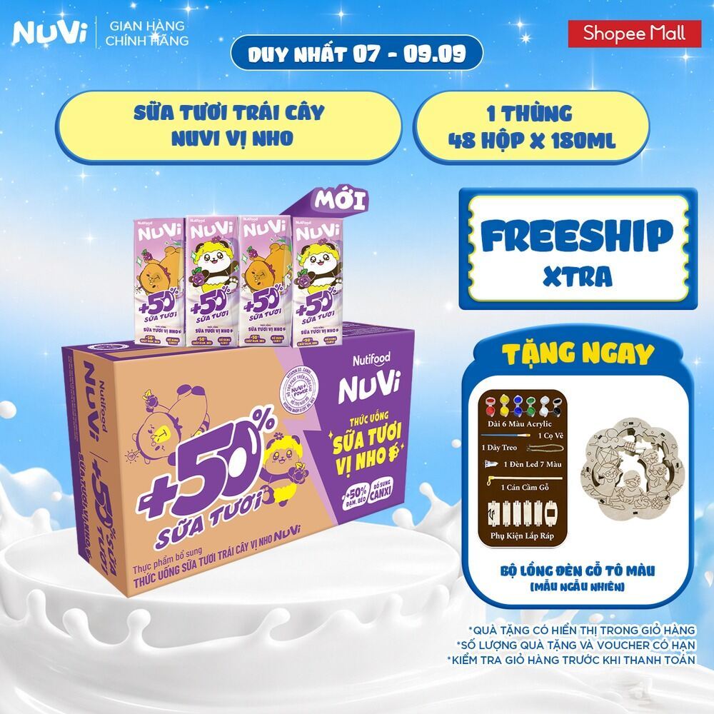 Thùng 48 Hộp Thức Uống Sữa Tươi Trái Cây NuVi Vị Nho 180ml