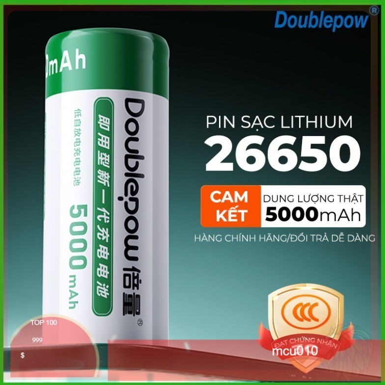Pin Sạc 26650 Doublepow dung lượng thực 5000mAh, pin Lithium dùng thay thế chế pin 2s, 3s, 4s, đèn p