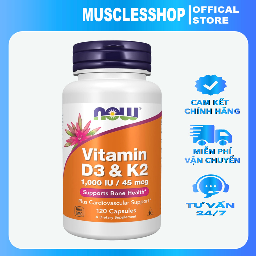 Viên Uống Vitamin D3 K2 1000iu (120 Viên) Now Foods, Hỗ Trợ Xương Khớp Chắc Khỏe, Tăng Hệ Miễn Dịch