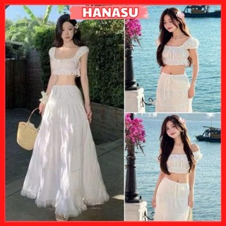 Set váy đi biển gồm áo croptop trễ vai kèm chân váy xòe dài viền ren đi biển cho nữ B248-HANASU