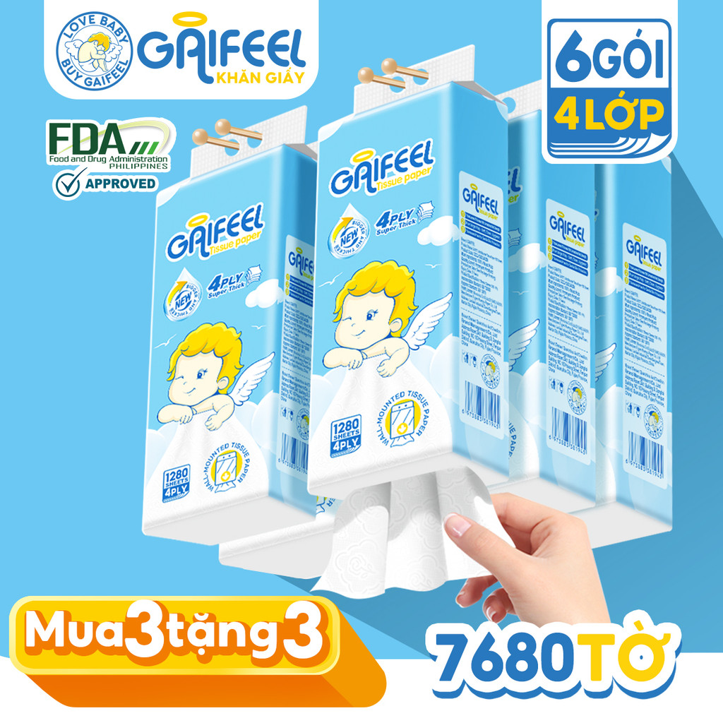 GAIFEEL Mua 3 Tặng 3 Giấy Vệ Sinh Treo Tường Khăn Ăn 4 Lớp 1280 Tờ /bịch từ bột giấy thiên nhiên