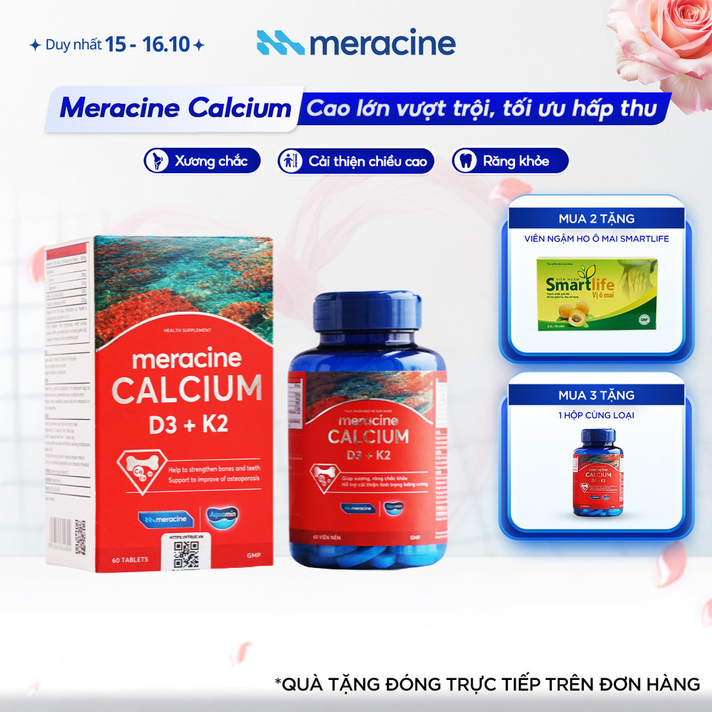 Canxi hữu cơ từ tảo biển đỏ Meracine Calcium D3K2 giúp xương, răng chắc khỏe, hỗ trợ phát triền chiều cao (hộp 60 viên)