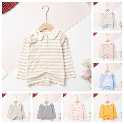 Áo bé gái, Áo thun dài tay cotton kẻ sọc ngang, phối cổ sen hình thú size 4–7 tuổi