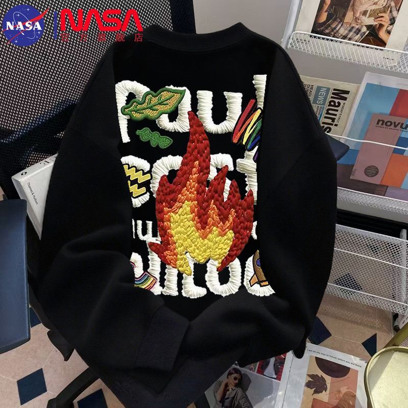 [Sẵn sàng] NASA Joint Couple Áo nỉ cổ tròn thêu chữ lửa dày dặn mùa xuân thu dáng rộng cỡ lớn Hàng h