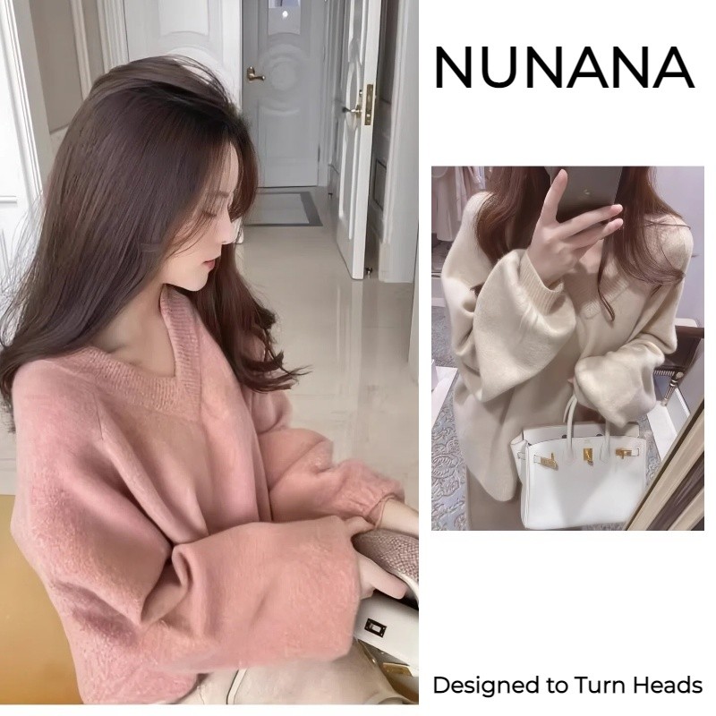 NUNANA Áo len đỏ giáng sinh Áo len nữ màu hồng cổ chữ V thời trang cho mùa Thu Đông