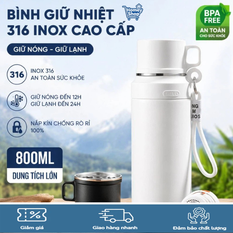 Bình Giữ Nhiệt Inox 316, Dung Tích 800ml 1000ml, Có Cốc Trà, Nắp Kín, Chống Rò, Giữ Nóng Lạnh-HomeyS