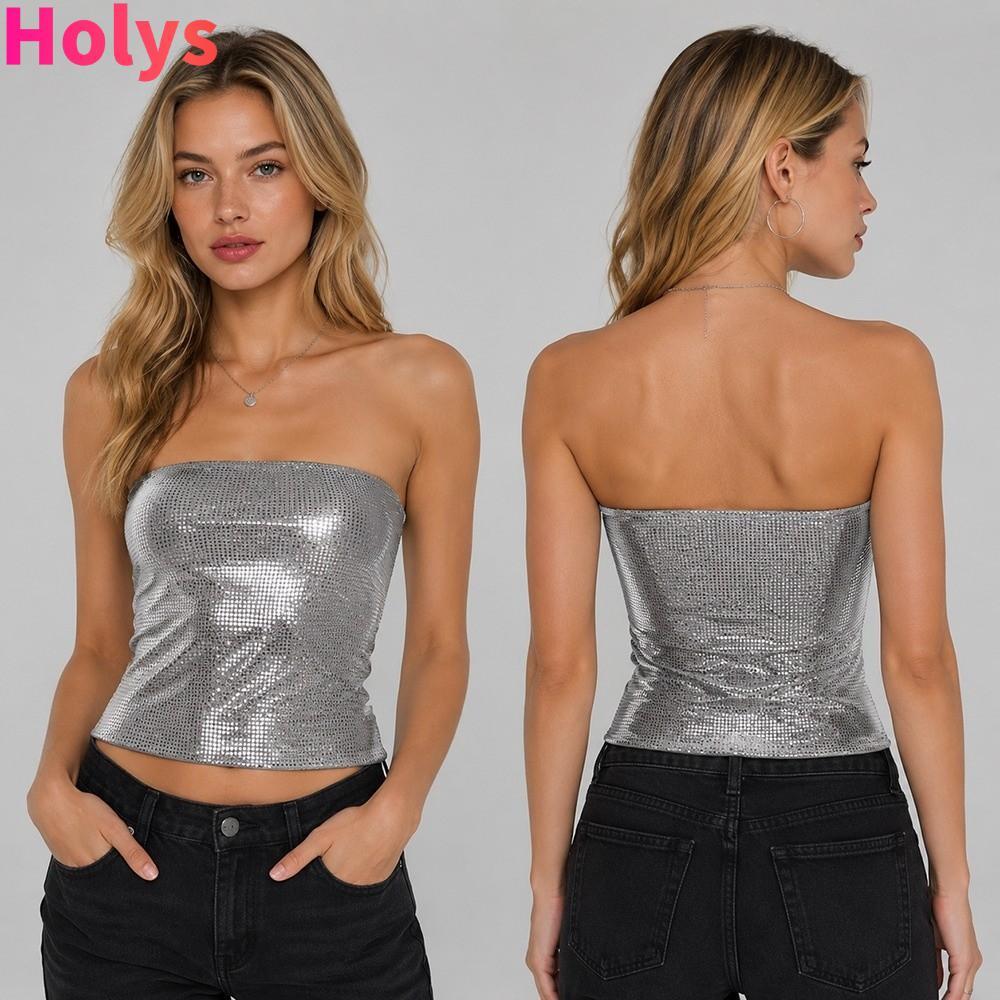 Áo bể chứa sequin HOLYS, Áo ống đính sequin không lưng đính sequin, Skinny co giãn gợi cảm vừa vặn k