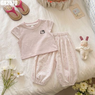 Set Bé Gái Áo Thun Hồng In Mèo Phối Quần Dài Hoa Nhí Mềm Thoáng Mặc Nhà Đi Chơi MINTSCLOSET GA2570