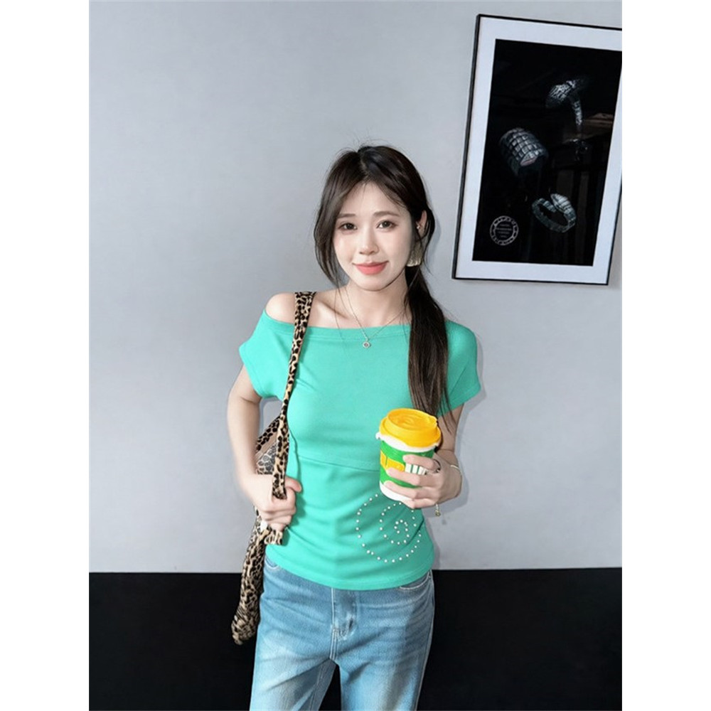 40 Đếm Cotton Nguyên Chất Bae Thực Tế Cùng Phong Cách xiên Vai T Hàn Quốc Nữ Bạc Hà Xanh Sức Sống Mặ