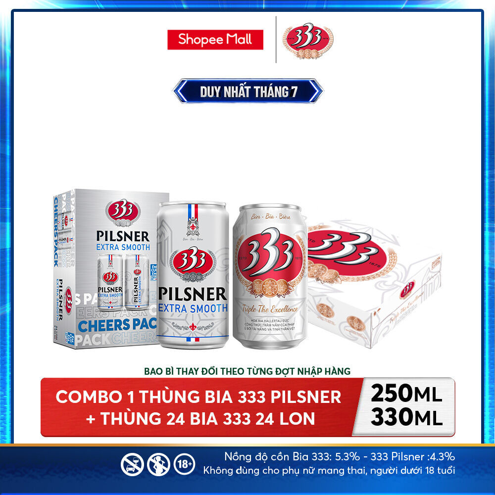Nồng độ cồn 5.3% - Combo 1 Bia 333 24 Lon 330ml + Nồng độ cồn 4.3% - Thùng 24 Bia 333 Pilsner 250ml