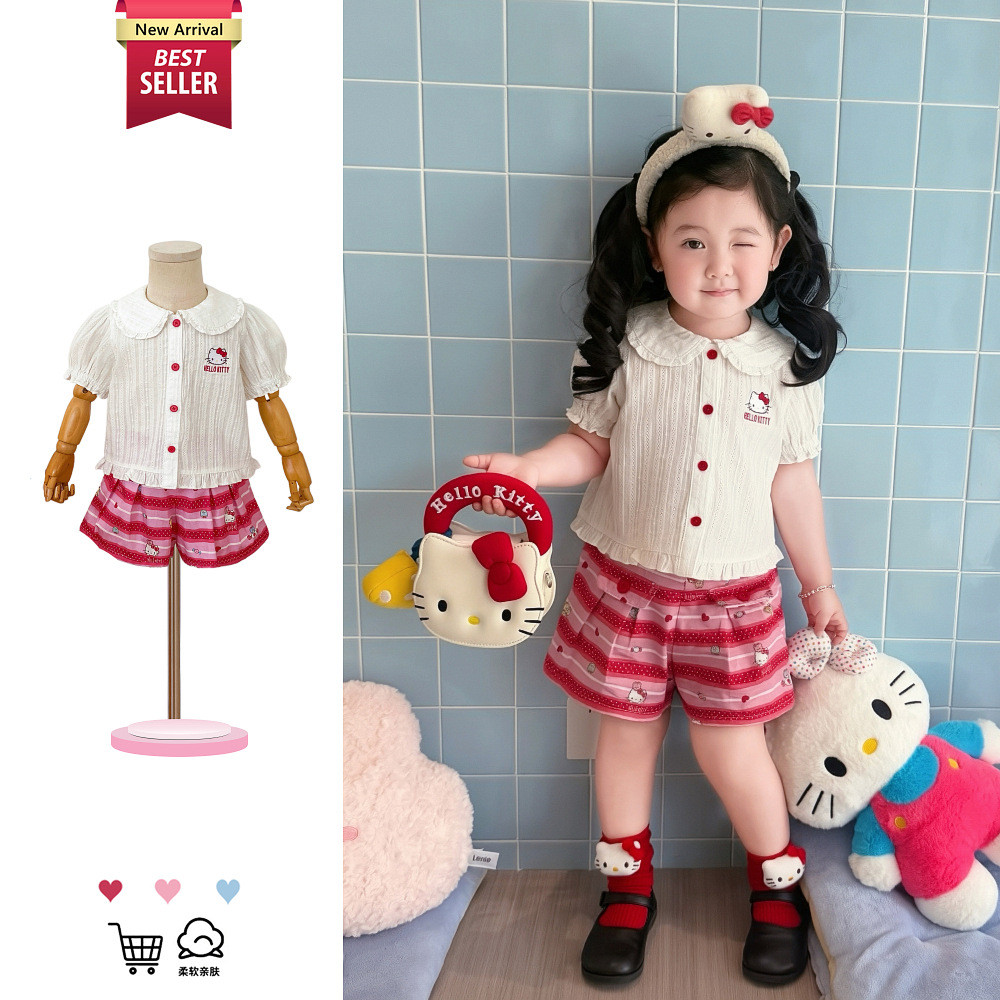 Kitty Kitty Kitty Kitty Hai Mảnh Phù Hợp Với Mùa Hè 2026 Quần Áo Bé Gái Ngọt Ngào Cổ Áo Phồng Tay Ho