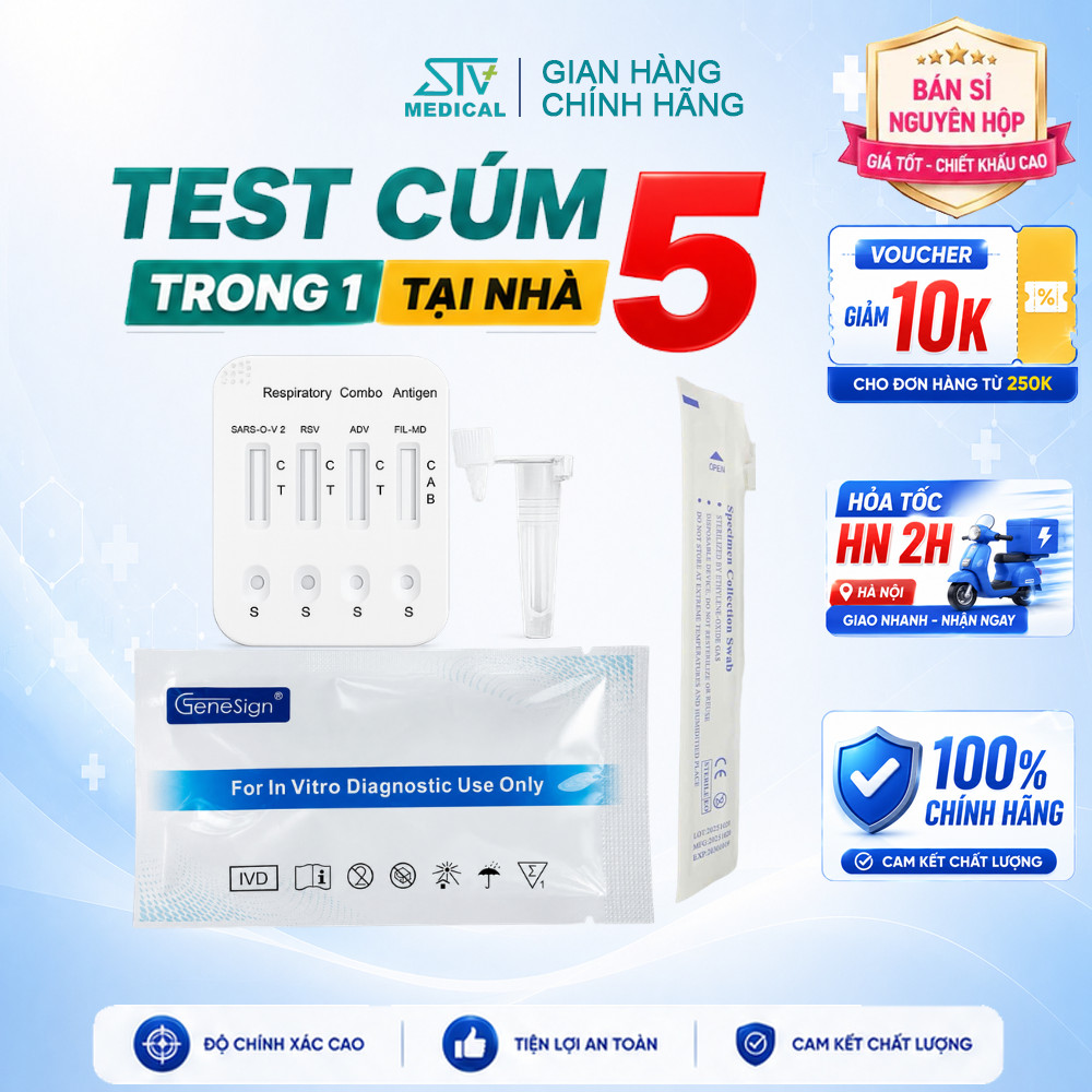 1 TEST- Test Nhanh 5 Trong 1 Genesign Chính Hãng - Phát Hiện Covid Cúm A B RSV Adenovirus