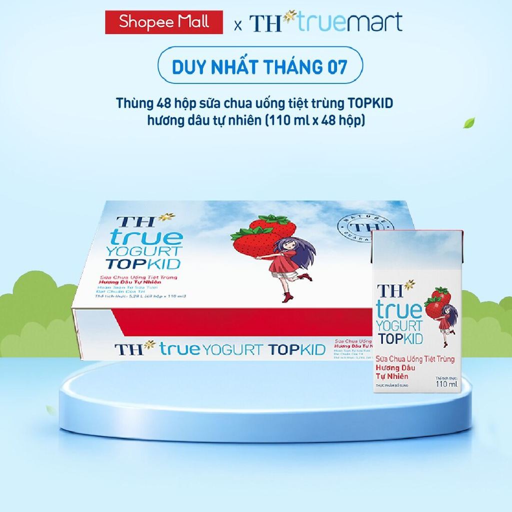 [Livestream] Thùng Sữa Chua Uống Tiệt Trùng TH true YOGURT TOPKID milk Hương Dâu 110ml (48 Hộp)