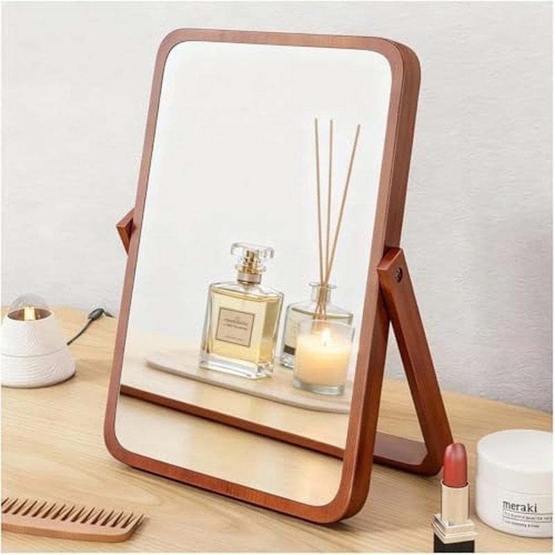 Tumecos Folding Bamboo Vanity Mirror, Tabletop & Wall Mounted 2-in-1 Makeup Mirror, Adjustable HD Re