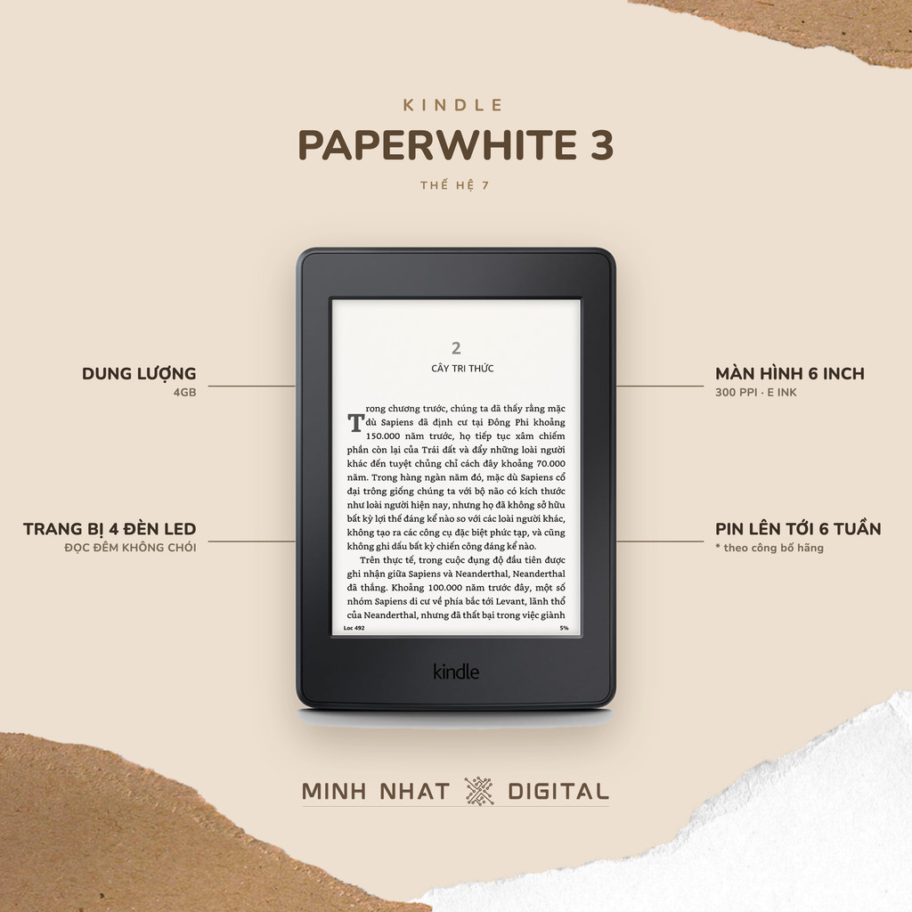 Máy đọc sách Kindle Paperwhite 3 (Tặng bao da hoặc ốp lưng) 6 inch đèn nền đọc đêm - 7th Gen PPW3