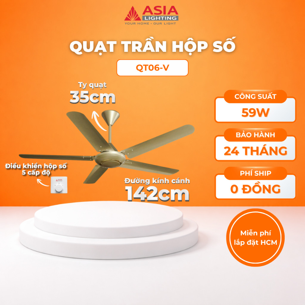 Quạt Trần Asia Lighting QT06 1420 mm – 5 Cánh Thép, 5 Tốc Độ, Siêu Êm