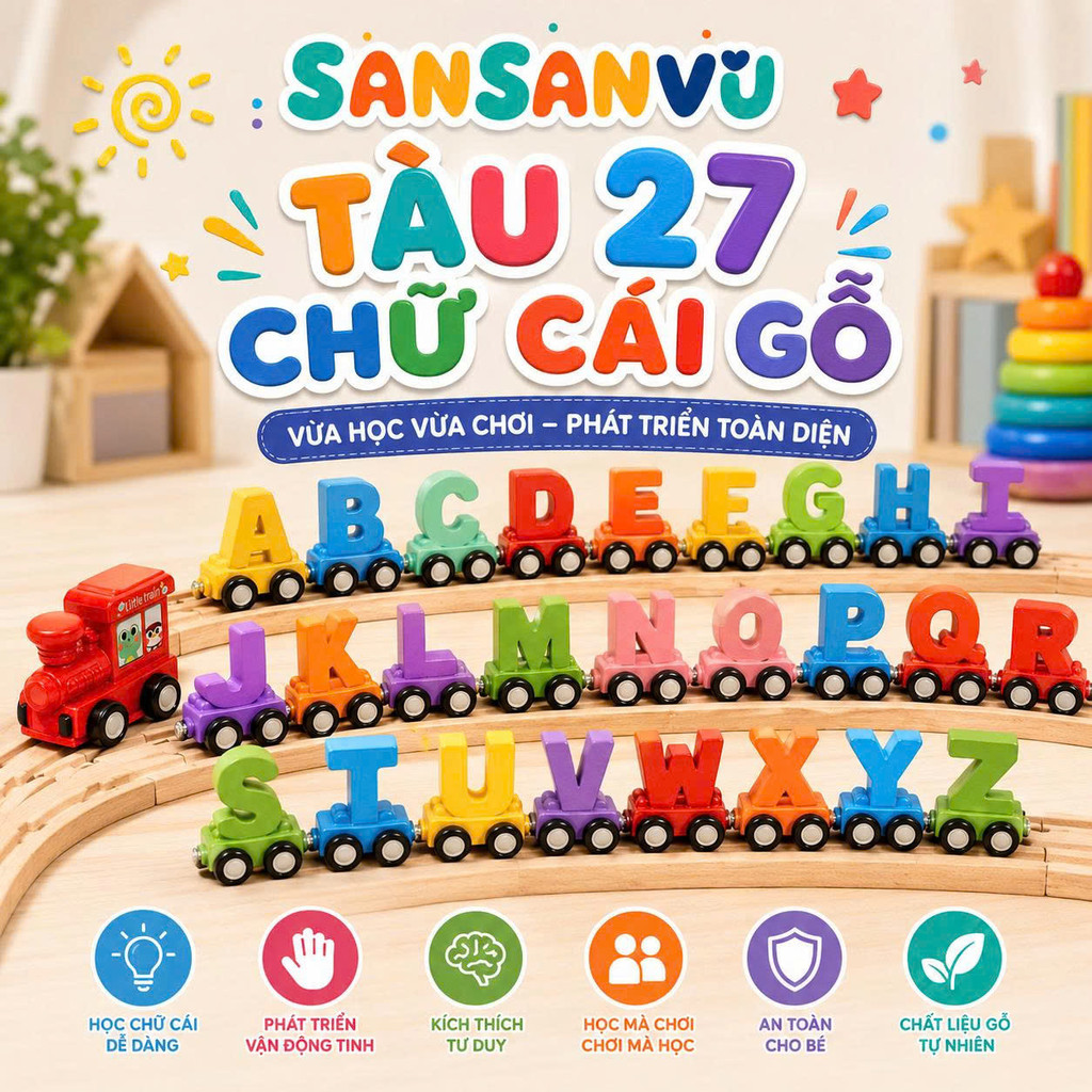 Đồ Chơi Đoàn Tàu Nam Châm  Với 27 Toa Chữ Cái Bằng Gỗ, Đồ Chơi Thông Minh Giáo Dục Sớm Cho Bé Sansanvu