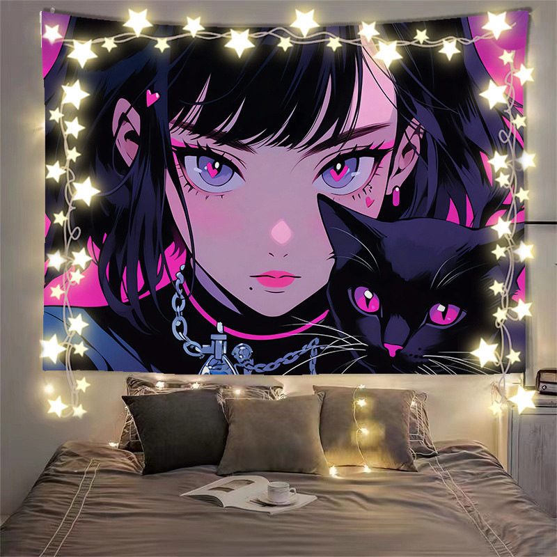 The atmosphere of the girls and the cats that can be felt. Decorative fabric for girls' bedrooms. Cu