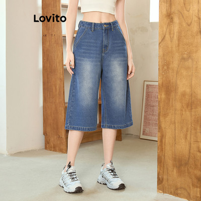 Lovito Phong cách thường ngày Quần short denim giản dị Nút trơn Quần short denim mùa hè / mùa xuân dành cho nữ L99ED931