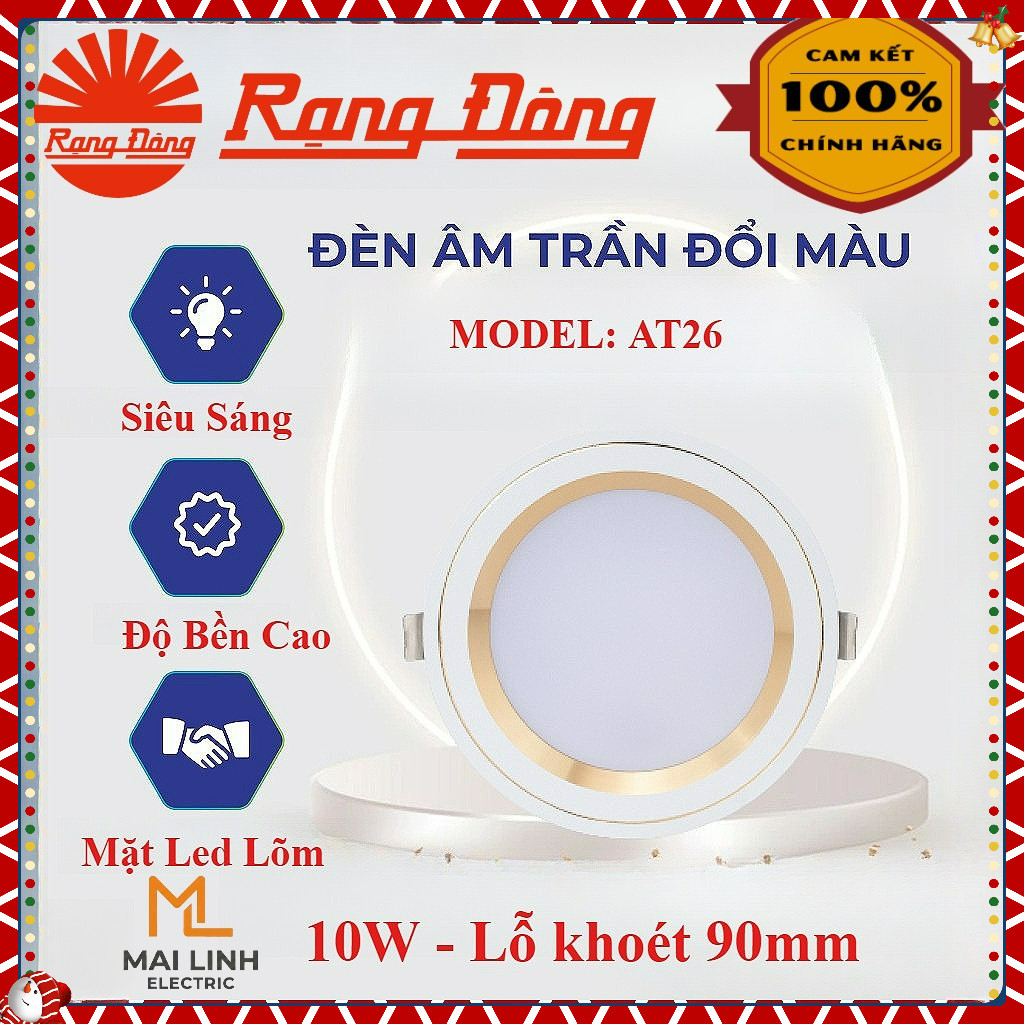Đèn Led Downlight âm trần Đế Nhôm 10W Rạng Đông (Đổi 3 Màu) Viền Vàng - Lỗ khoét 90mm 110mm - Model 