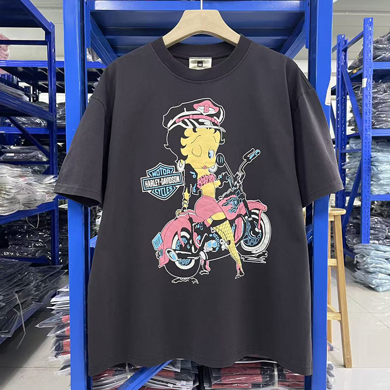 Vintage Washed vintage Betty riding a Harley double-sided printed short-sleeve summer shirt T T-shir