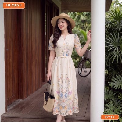 Đầm thiết kế BEMINE cổ tròn thêu hoa dáng dài phù hợp đi chơi-B717