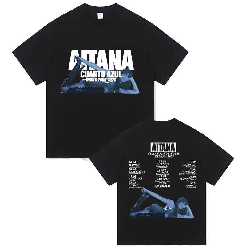 Aitana Cuarto Azul World Tour 2026 In Hình Áo nam Nữ Hip Hop Vintage Thời Trang Cotton Tay Ngắn