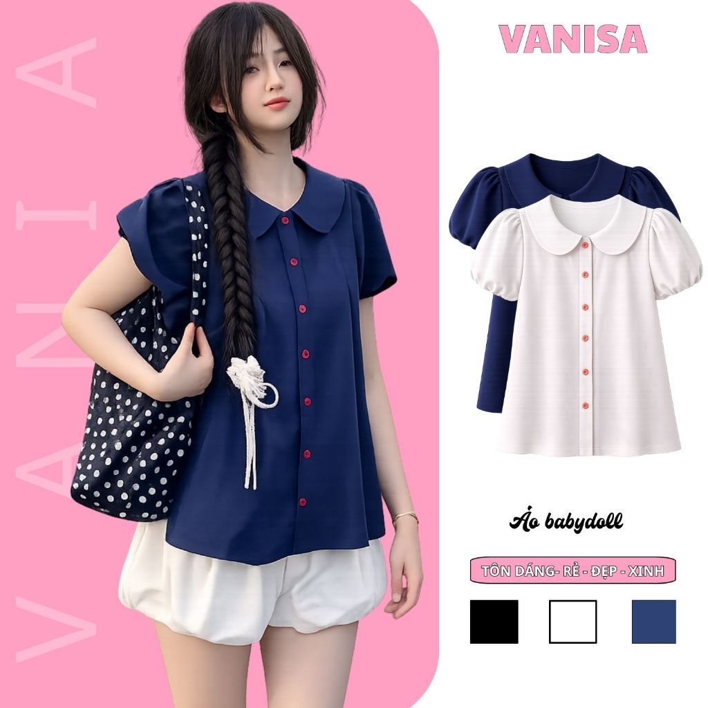 Áo sơ mi nữ kiểu bèo cổ sen tay bồng dáng babydoll form rộng xanh đen siêu xinh VANISA SM933