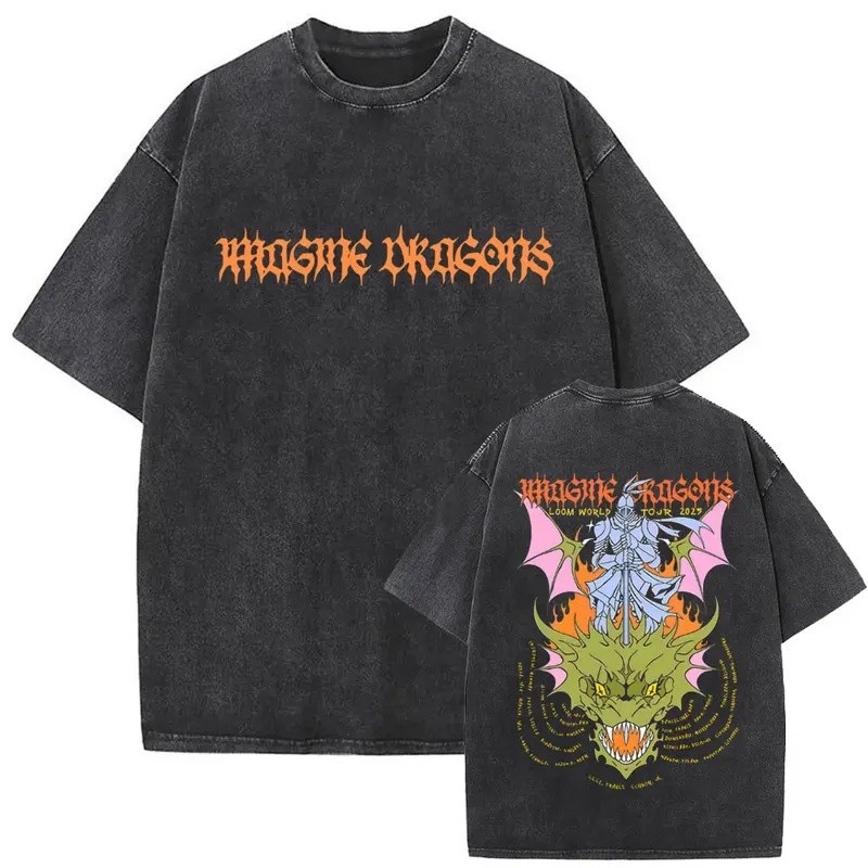 Imagine Dragons Loom World Tour 2025 Rửa Vintage Áo Rock Band Hoạt Hình Rồng Áo Nam Nữ Áo Thun Quá K