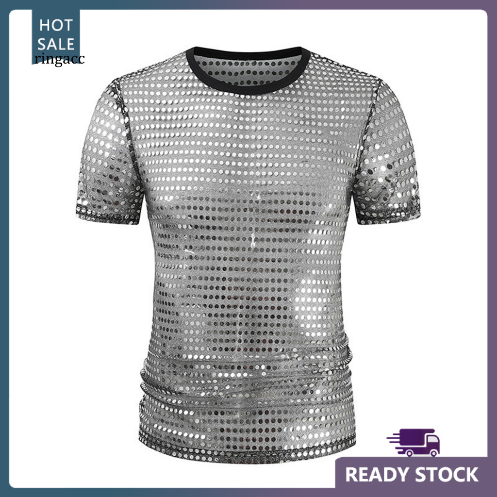 RGA 1970s Disco Tops Áo thun nam đính kim sa lấp lánh Dot Jazz Dance Top cổ tròn tay ngắn thập niên 