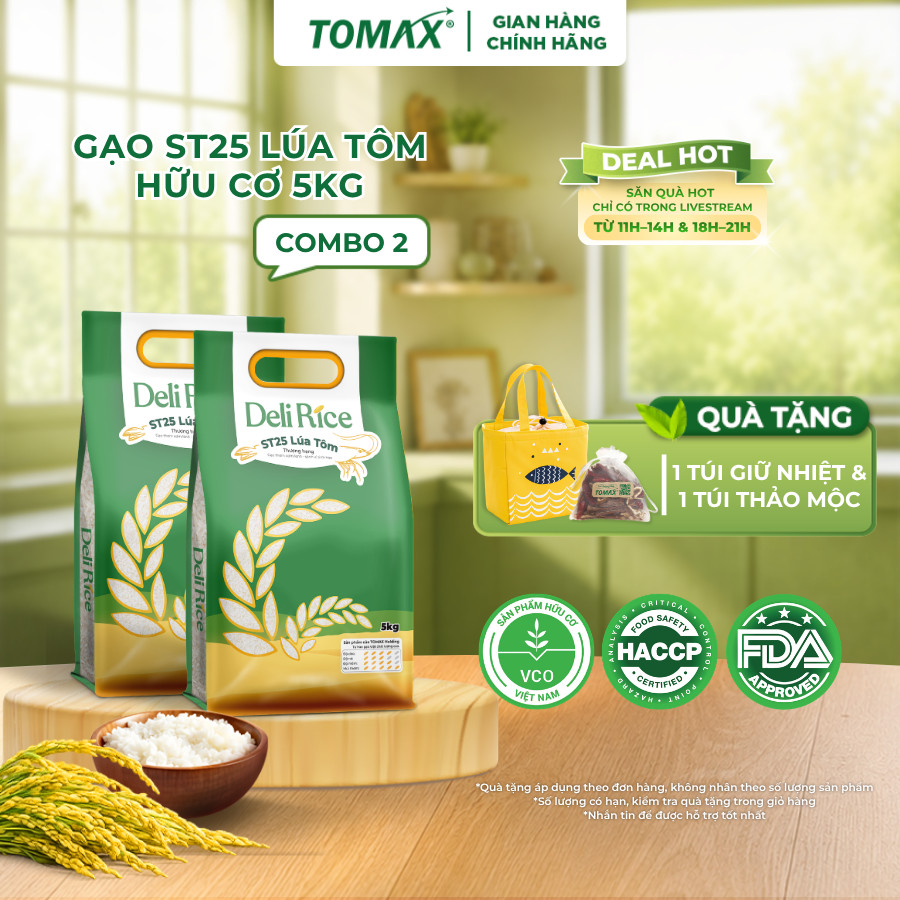 Combo 2 Túi Gạo Lúa Tôm Hữu Cơ Deli Rice 5kg Cơm Dẻo Ngon, Thơm Ngọt Tự Nhiên, Đậm Vị Dễ Ăn - TOMAX