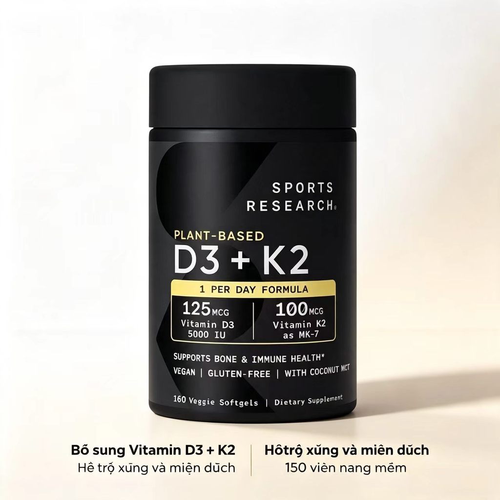 Vitamin D3 K2 MK7 Sports Research nguồn gốc thực vật 5000IU D3 100mcg K2 160 viên mềm thực vật củng 