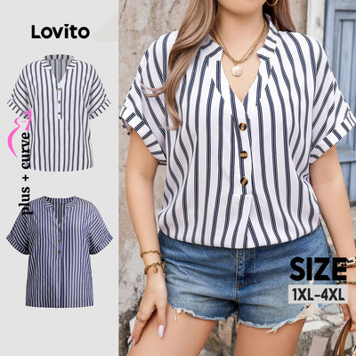 Áo sơ mi Lovito kẻ sọc có nút plus size tôn dáng phong cách thường ngày cho nữ LBL19291