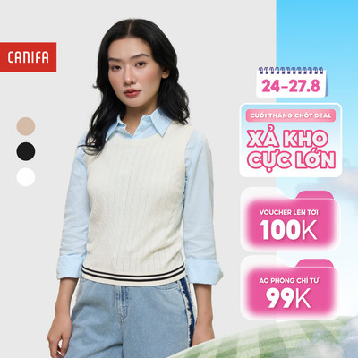 Áo len gilet nữ cổ tròn không tay phối line CANIFA 6TE25W020