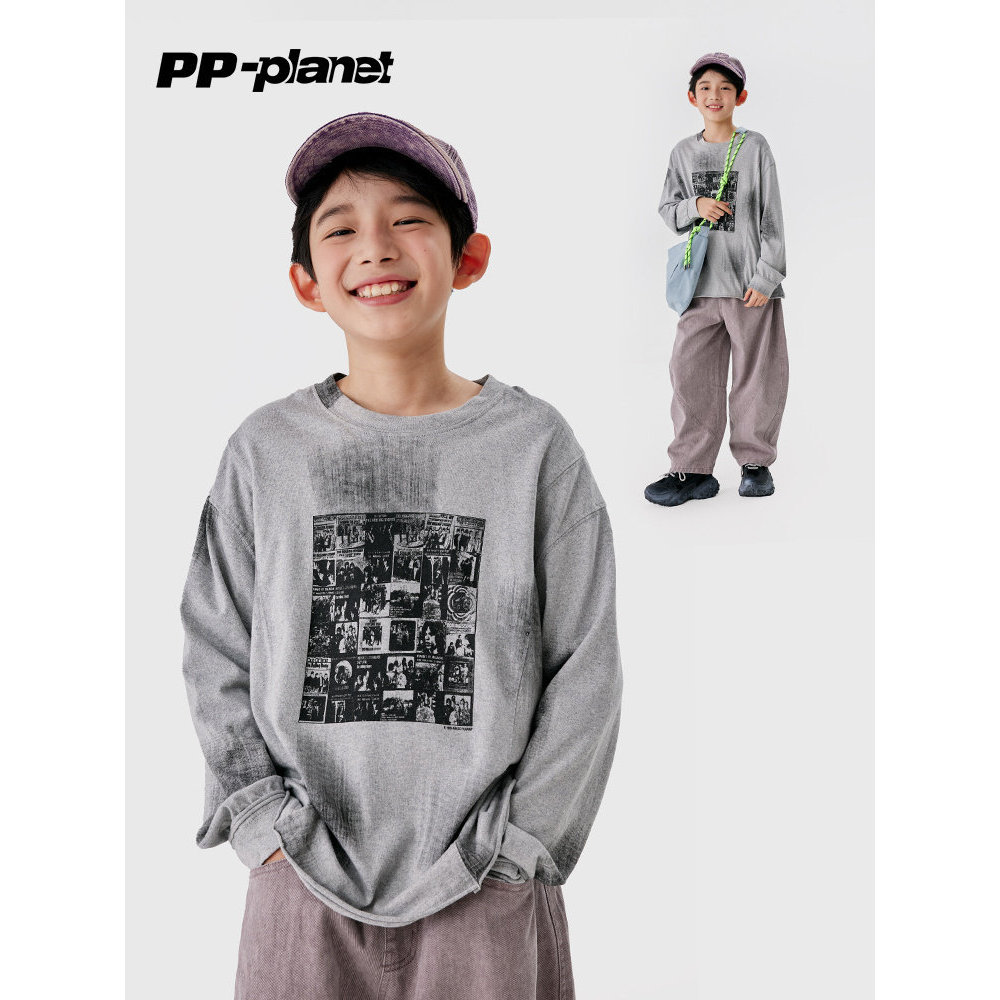 PP Planet Boys Retro Tie-Dye Áo thun dài tay thời trang Trẻ em mới Áo mùa thu Áo thun bên trong thôn
