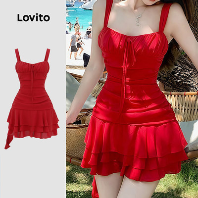Đồ bơi 1 mảnh nữ Lovito đỏ xuân hè bất đối xứng sexy LNE143045