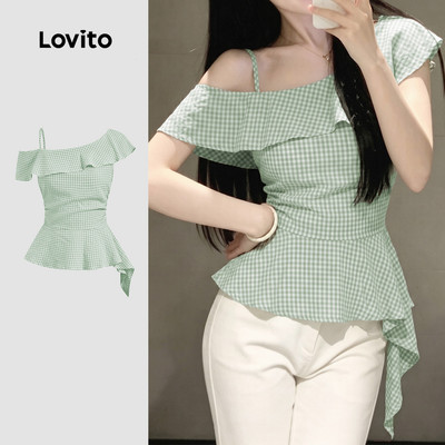 (New Arrival) Lovito Áo Blouse Bất Đối Xứng Ruffle Thanh Lịch Phong Cách Thoải Mái Áo Blouse Xanh Nhạt Xuân/Hè cho Nữ LK7ED1339