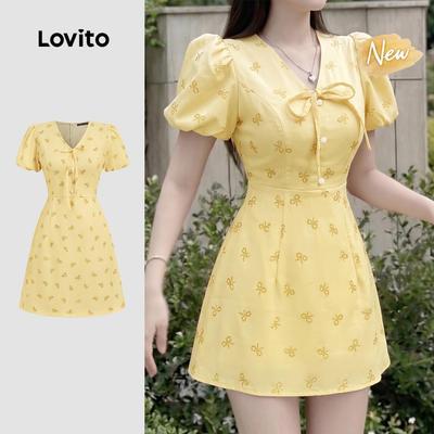 (New Arrival) Lovito Đầm thường ngày dáng xòe mùa xuân/hè màu vàng cho nữ L198ED068